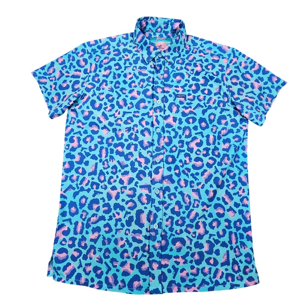 Retro Rifle Leopard (Miami) Mens Button Down Shirt Blue Pink Sz Large Authentic